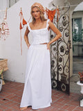 Summer Women White Cotton Dress Set 2025 Top+skirt 2 Pcs Outfit Ruffles Button Slim Top A-line Maxi Skirt Beach Casual Dress