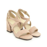Big Size Casual Women Sandals Black Flock 7cm High Square Heels Peep Toe Summer Cross Buckle Strap Party Office Red Lady Sandals