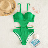 Sexy Push Up Underwire One Piece Swimsuit Women Solid Pink Metal Chain Hollow Out Ribbed Bathing Suit Backless Swimwear Monokini