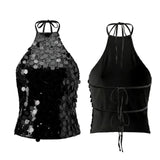 Women’s Backless Sequin Vest Summer Slim Fit Halter Tank Tops Summer Club Party Sexy Sleeveless Shirts Streetwear