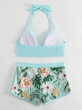 2026 Summer Women's Print Patchwork Swimsuit Sexy Deep V Neck Back Lace-up Swimwear High Waist Shorts Tankini Bathing Suit Beach