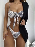2026 New Vintage Plaid Print 2 Piece Swimsuit for Women Knot Lace-up Push Up Suspender Backless Bikini Set Beach Bathing Suit