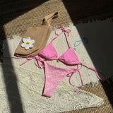 Sexy Mesh Flower Bikinis Sets Women Hot Pink Halter Push Up Bra Tie Side Swimsuit 2026 Beach Bathing Suit Holiday Micro Swimwear