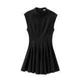 Foridol Stand Collar Sleeveless Pleated Tank Dress for Women Brown Casual Short Autumn Winter Dress Zip Black Ladies Vestidos