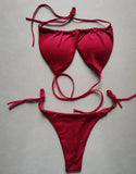 Summer Sexy Bikini set Push-up padded Bra Thong Split Swimwear Female Bandage Bathing Suit Adjustable Lacing Swimsuit Solid