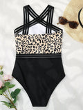 Mesh Tape Swimsuit One Piece Sexy Leopard 2026 Swimwear Women Cross High Neck Bathing Suit Female Swimming Summer Beachwear