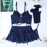 Women's Polka Dot Shoulder Revealing Puffy Skirt Set Sexy Lace Top Skirt Thongs Underwear Suits Mesh Perspective Exotic Sets