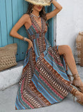 Bohemian Style Print Sleeveless Long Dresses Women Summer V-neck Backless Leace-up Slit Dress Casual Lady Vacation Vestidos