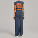 Women's Tracksuit Yoga Sets Back Hollow Out Short Sleeve Sports Shirts High Waist Straight Leg Pants Gym Running Fitness Suits
