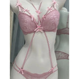Boho Layered Lace Halter Bra Set - Hollow Out Bow Design Top, Inner Red Lace Up Bra, Summer Beach Two Piece Lingerie Set MOYISU