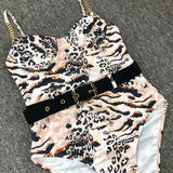 Ribbed Push up Underwired Metal Chain Women Swimwear One Piece Swimsuit Female Waist Belt Monokini Bather Bathing Suit Swim Lady