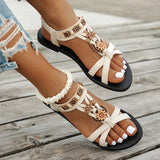 Flowers Decor Flats Bohemian Sandals Women Plus Size 36-43 Summer Gladiator Sandalias Mujer Lightweight Non Slip Beach Sandles
