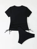 Short Sleeves Two Pieces Swimsuit Women Tankini 2026 Black Zipper Swimwear Female Beach Wear Bathers Bathing Swimming Swim Suit