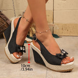 Retro Denim Wedge Heeled Sandals Women Plus Size 43 Bowknot Chunky Platform Sandalias Mujer Back Strap Thick Sole Summer Sandles