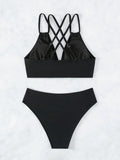 Sexy Solid Black Two Piece Swimsuit for Women Summer New High Waist Bikini Set Beach Vacation V-neck Backless Swimwear 2026