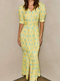 FDYOUI 2026 Summer V-neck Short Sleeve Floral Print Yellow Party Dress Women Single Breasted Lace-up Slim Long Vacation Dresses
