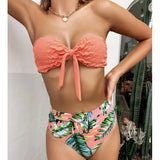 2026 Sexy Bikini Bandeau Women Push Up Swimwear Swimsuit Pleated Leaf Print High Waist Backless Bikinis Set Beach Bathing Suit
