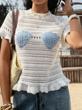 FDYOUI Casual O-neck Short Sleeve Knitted T-shirts Women Summer Sexy Hollow Out Ruched White Tops Female Beach Holiday Tee Shirt
