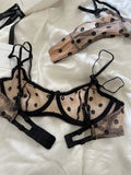 French Retro Lace Bra & Thong Set | Sexy Polka Dot Sheer Mesh Lingerie for Plus Size Big Bust, Ultra Thin MOYISU Panty TUSHY Set