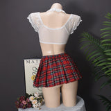 Toucheart Sexy Lingerie Suit for Women Lace Mesh See-through Lace Up Top Plaid Pleated Skirt Halter Women's Underwear Set New