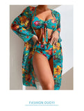 Sexy High Waisted Bikini 3 Pieces Floral Printed Swimsuit Size 3XL-S Women Bikini Set With Mesh Long-Sleeved Blouse Super Sales