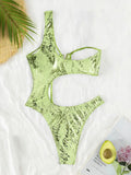 sexy glitter green sanke print one shoulder swimsuits one piece hollow out bikini swimwear bodysuits women biquini bathing suits