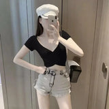 Korean Style Women's Tank Top Y2k Streetwear Solid Color Short Sleeved Crop Top Lady Summer Slim Fit Homewear Elastic Skinny Tee