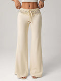 2026 New Women Elegant Solid Color Lace Trim High Waist Wide Leg Pants Casual Loose Palazzo Trousers