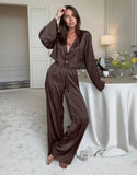 Women Silk Satin Pajama Set Deep V Neck Long Sleeve Lace Trim Tie Front Top Pants Soft Loungewear Elegant Home Sleepwear Night