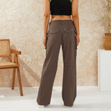 Women Solid Color Loose Cargo Pants Zipper Button Closure Casual Street Trousers with Pockets Black/Khaki/Wine red/Army Green