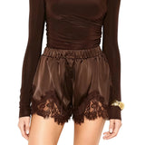 Women's Solid Color Satin Mini Shorts Lace Patchwork Drawstring Elastic Waist Casual Summer Lounge Shorts