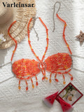 Pearls Beads Halter See Through Bikini Top Female Swimsuit Women Swimwear Bather Bathing Suit Swim Hollow Out Beach Top V8224