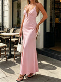 Summer Women's Satin Long Dress Spaghetti Strap Sleeveless V Neck Cutout Slim Fit Elegant Dress for Party Evening Solid Color