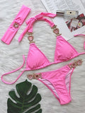 Halter Rhinestones Diamond Bikini Women Swimsuit Female Swimwear Three pieces Bikini Set Brazilian Hairband Bathing Suit Swim