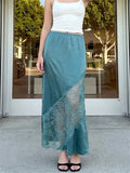 Fashion Stylish Women's Long Skirt Solid Color Satin Lace Patchwork Mid Rise Skirt for Spring Summer