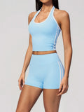 Naked Color Contrast Yoga Sets Women Hanging Neck Sports Vest Gym Clothes Breathable High Waist Shorts Fitness Suits Tracksuit