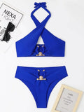 2026 Halter Bikini Solid Metal Link Swimsuit Women Hollow Out Swimwear Female Bathers Bathing Swimming Swim Suit Beachwear
