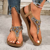 Fashion Rhinestone Bohemian Sandals Women 2025 Summer Clip Toe Flats Beach Sandles Woman Non Slip Elastic Band Sandalias Mujer