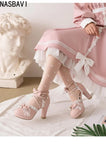 New Lolita Japanese Pearl Bow Sweet Cute Strap 9cm High Heeled Round Head Student Shoes Girls Vintage Sandals Single shoes 33-46