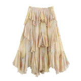 Women's Printed Layered Skirt Pastel Watercolor Print Tiered Ruffled Skirt Elastic Waist Chiffon Summer Skirt For Women 65EU