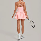 Fake Two Piece Tennis Dress Women Back Criss Cross Slim Bulit-in Shorts Golf Athletic Dresses Gym Pleated Fluffy Yoga Mini Dress