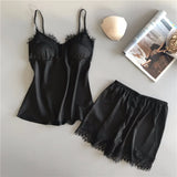 Women's Lace Satin Pajama Sets Sexy Nightwear Summer Sleeveless Tops+Shorts 2 Pcs Pyjamas Sleepwear Loungewear
