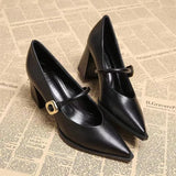 Single Shoes Fashion Pointed Toe Not Tired Feet One Word Belt Soft Sole Non-slip Block Heel Leather Shoes