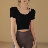 Women's Quick-Dry Yoga Sports Top with Chest Cushion Sexy Short-Sleeved Fitness T-Shirt Tight-Fitting Navel Revealing Yoga Suit