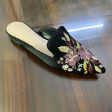 2026 Big Size 43 Summer Women's Blue Mules Slipper Sandals with Silk Flowers Embroidery Comfy Walking Slide Flat Satin Shoes