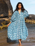 Foridol Lantern Half Sleeve Cyan Bohemian Beach Midi Loose Dress Summer for Women Tie Up Casual Floral Holiday Midi Vestidos