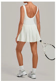 Naked Fake Two Piece Tennis Dresses with Pocket Bottom Women Back Hollow Out Pleate Skirts Outwear Square Collar Golf Yoga Dress