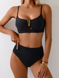Sexy Black Metal V Wire Bikini Set 2026 Women Hollow Out Push Up Bra High Waist Swimsuit Beach Bathing Suit Two Piece Swimwear