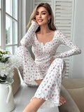 Spring Summer Sleepwear Women's Pajamas Floral Print Lettuce Trim Pajamas Set Tops and Long Trousers Loungewear Nightwear