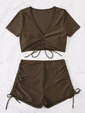 Sexy Drawstring Bikini Set 2026 Women Green Black Short Sleeve Two Piece Swimsuit Summer Bathing Suit Pleate High Waist Swimwear